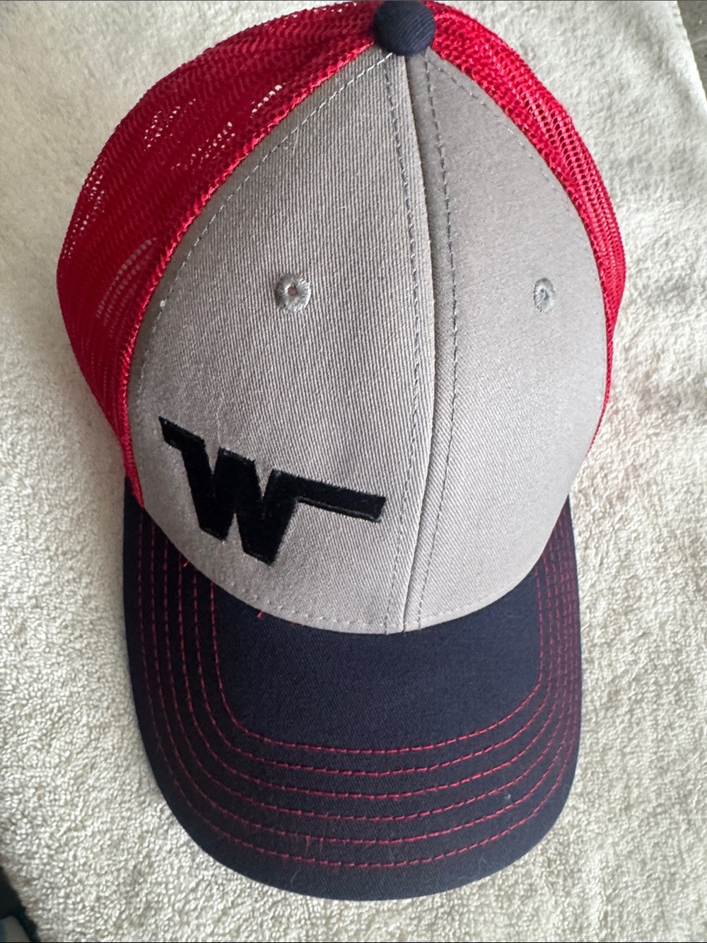 Gray and Red Trucker Hat with Black W Winnebago Logo
